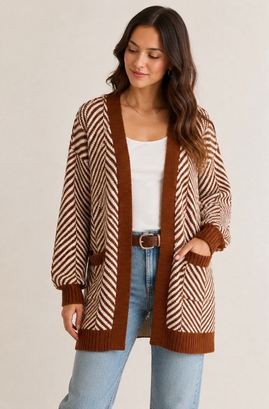Fortune + Ivy Stitch Fix Herringbone Cardigan Rust Cream Size Large NWT